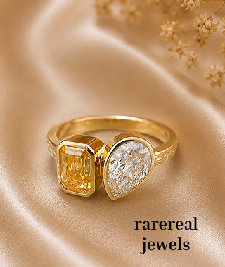 Toi et Moi Engagement Ring: Pear & Emerald Lab Grown Diamond, Yellow Gold Bezel Set