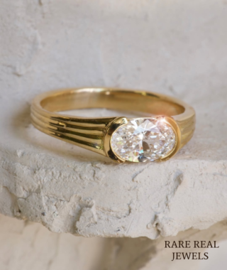 Oval Lab Grown Diamond Engagement Ring: 1.00 CT Yellow Gold Bezel Set