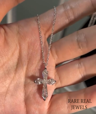 Baguette Lab Grown Diamond Cross Necklace: 14K White Gold Pendant