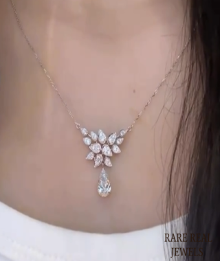 Lab Grown Pear Cut Diamond Floral Drop Necklace in White Gold