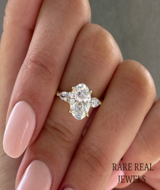 4.00CT Oval Lab Grown Diamond Ring: Yellow Gold Marquise Side Stone