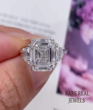 Asscher Cut Lab Grown Diamond Engagement Ring: White Gold Trapezoid Side Stones