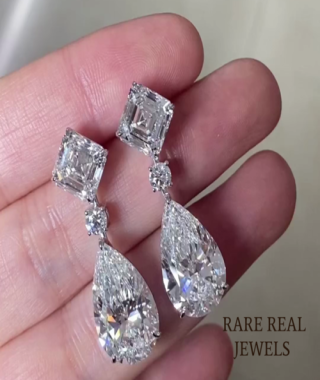 Moissanite Diamond Drop Earrings: Emerald, Round & Pear, White Gold