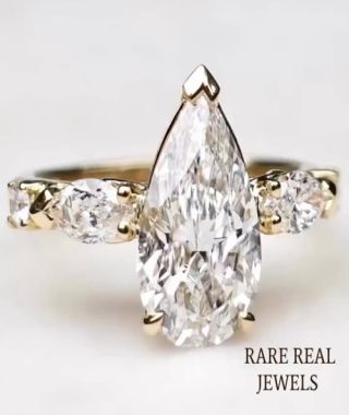 3.00ct Pear Lab Grown Diamond Engagement Ring: 10K Gold Marquise Side Stone Wedding Ring