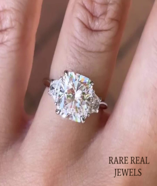 Cushion Moissanite Three Stone Engagement Ring: White Gold Statement Ring