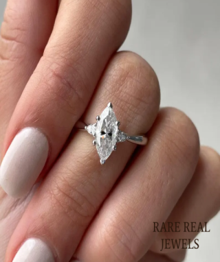 Marquise Moissanite Cathedral Engagement Ring: Three Stone White Gold Setting