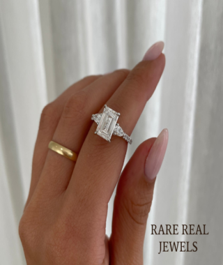 2.00ct Emerald Moissanite Three Stone Engagement Ring, White Gold Pave Setting