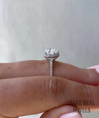 Pear Moissanite Engagement Ring: Halo Pave White Gold Cathedral Setting