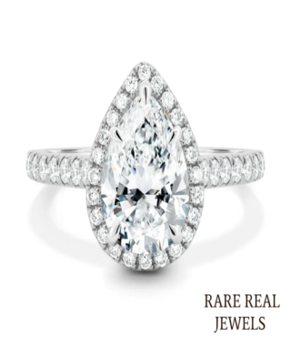 Pear Moissanite Engagement Ring: Halo Pave White Gold Cathedral Setting
