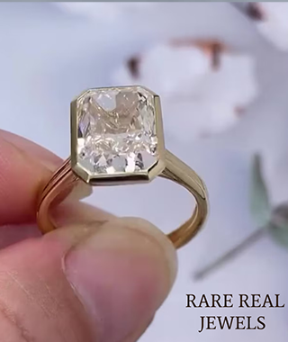 4.00CT Radiant Lab Grown Diamond Ring: Yellow Gold Bezel Trellis Setting