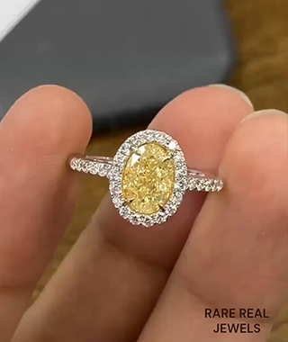 1.50CT Oval Yellow Lab Grown Diamond Engagement Ring: White Gold Halo Pave Setting