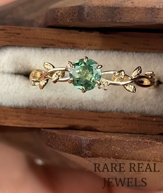 Round Cut Green Sapphire Leaf Vine Ring in 14K Yellow Gold