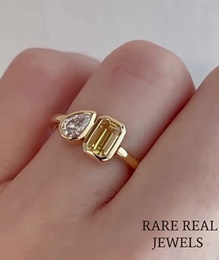 Toi et Moi Engagement Ring: Pear & Emerald Lab Grown Diamond, Yellow Gold Bezel Set