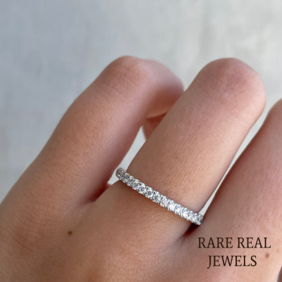 Round Lab Diamond Full Pave Band | Perfect Valentine Gift for Her, Silver Engagement Ring, Elegant Jewelry, Personalized Gift