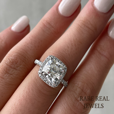 Cushion Moissanite Diamond Halo With Pave Setting in Silver, 4Claw Engagement ring