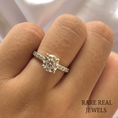 Round Moissanite Pave Setting in Silver Valentine Gift For Her & Promise Ring