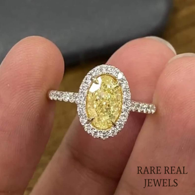 Fancy Yellow Oval Lab Created Diamond Engagement Ring With Halo And Pave Setting Morden White Gold Ring